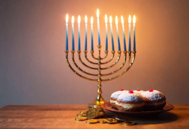 A wide shot from the front view of a festive Hanukkah display, featuring a glowing menorah, sufganiyot, and gelt coins on a wooden table. clipart