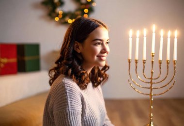 A side view of a teenage girl in front of the menorah, watching the candles with a peaceful smile, surrounded by gifts. clipart