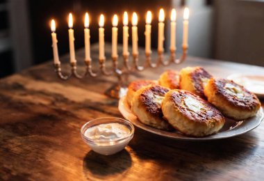 A close-up shot of the gleaming flames of the menorah candles reflected in a glass dish filled with latkes and sour cream on the table. clipart