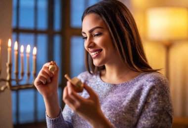 A close-up shot of a woman carefully spinning a dreidel, with soft candlelight from the menorah glowing in the background. clipart