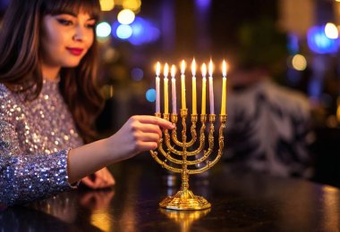 A side view of a young female placing candles into a menorah, her hands reflected in the shiny metal while colorful lights flicker in the background. clipart