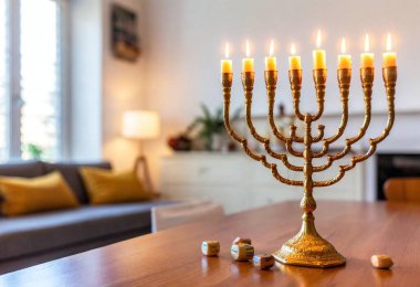 A full shot of a festive living room filled with light from the menorah, dreidels spinning on the table, and soft holiday decorations in view. clipart