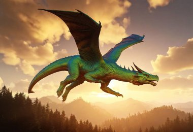 Majestic Dragon in Flight: A giant, shimmering dragon with iridescent emerald and gold scales soaring through a misty mountain range, its wings creating powerful gusts of wind, while a sunset casts golden hues across the sky. clipart