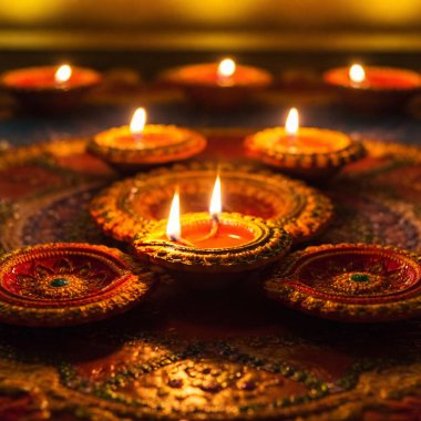 Autumnal Diwali Celebration: A Diwali celebration setup with traditional oil lamps (diyas) lining the floor and windowsill, intricate rangoli patterns in vibrant colors at the entrance clipart