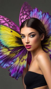 Butterfly-Inspired Couture: An extravagant, asymmetrical outfit incorporating wings of iridescent butterflies that extend outward, creating a delicate yet striking silhouette clipart