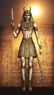 Egyptian Pharaoh's Afterlife Journey: A beautifully detailed depiction of the Egyptian god Anubis guiding a soul through the underworld, with the scales of judgment and the River Styx visible in the background, rendered in golden hues and ancient clipart