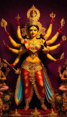 Hindu Goddess Durga: Durga, the warrior goddess, riding her lion and wielding numerous weapons clipart