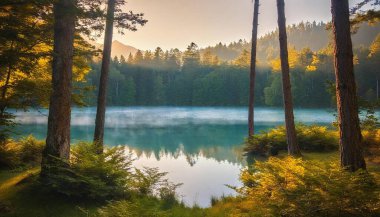 beautiful lake in the forest, amazing view clipart