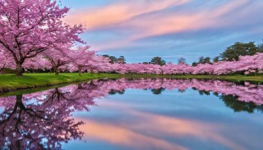 Blossom Reflection Symphony: A picturesque view of a cherry blossom field enveloping a still pond, where every branch and pastel hue in the sky above is echoed flawlessly in the water below. clipart