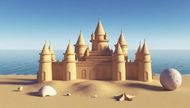 A 3D sandcastle with intricate details, surrounded by seashells and a bucket. clipart