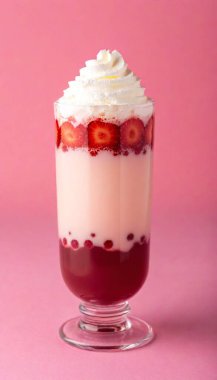 A refreshing strawberry bubble tea with tapioca pearls, topped with whipped cream, set against a bright pink studio backdrop. clipart