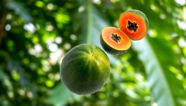 A fresh papaya with seeds floating mid-air against a bright tropical foliage background. clipart