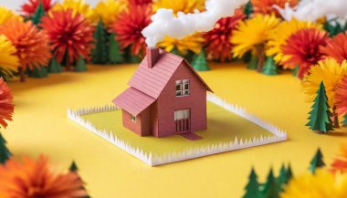 Create a 3D paper sculpture of a cozy cabin with smoke curling from the chimney, nestled among colorful autumn trees. clipart