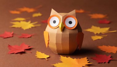 Make a 3D paper owl perched on a branch, surrounded by intricate paper cut leaves in warm hues of red, orange, and gold. clipart