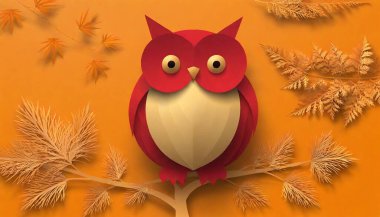 Make a 3D paper owl perched on a branch, surrounded by intricate paper cut leaves in warm hues of red, orange, and gold. clipart