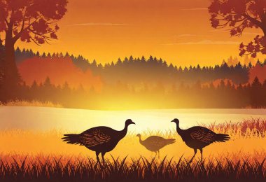 Create a layered illustration of a family of wild turkeys wandering through a vibrant autumn meadow. clipart