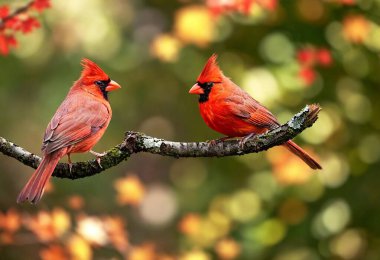 Craft a dynamic scene with a pair of cardinals perched on a branch, surrounded by autumn leaves. clipart