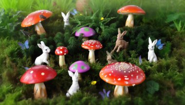 Create a layered image of a family of woodland creatures, such as rabbits and deer, gathering around a cluster of colorful mushrooms. clipart