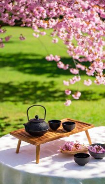 Elegant outdoor tea ceremony setup under a cherry blossom tree, with a wooden table holding a cast-iron teapot, fine porcelain cups, and scattered pink petals on a soft linen cloth. clipart