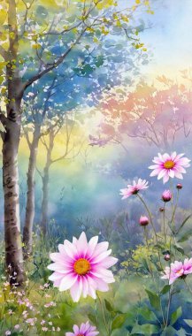 A serene spring garden scene, featuring watercolor flowers in light pinks, yellows, and blues, with birds perched on branches and soft light filtering through the trees. clipart