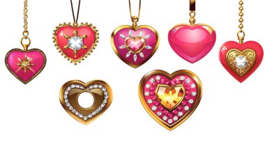 Heart-shaped pendants in various designs on a white background. clipart