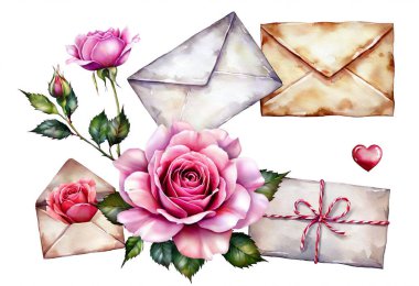 Watercolor wash roses, love envelopes, and a gift box with a bow on a white background. clipart