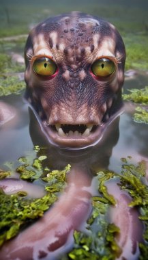 Extreme close up of a tentacled monster's face, with slimy, glistening skin and large, menacing eyes, emerging from the depths of a foggy swamp. clipart