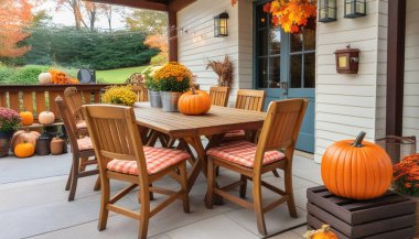 Empty outdoor patio, with wooden chairs and a table adorned with autumn leaves, pumpkins, and seasonal flowers, ready for a Thanksgiving gathering. clipart