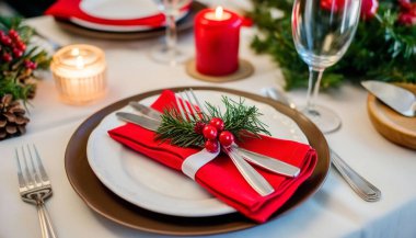 Close up of a festive Christmas table setting, with a beautifully arranged plate, sparkling silverware, and a red napkin, with a small candle in the center. clipart