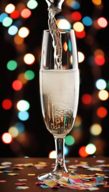 Extreme close up of a champagne flute filled to the top, with bubbles rising, surrounded by festive confetti, streamers, and a soft glow of party lights. clipart