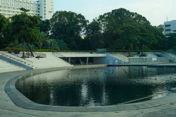 Şehir parkı manzarası ve öğleden sonra ağaçlar.