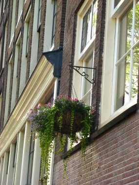 hanging baskets and window boxes filled with colorful flowers like tulips and geraniums adorn stone walls, adding vibrant beauty to the historic architecture.  clipart