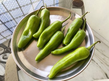 Taze yeşil Kaşmir mirch, çelik bir tabakta düzgünce düzenlenmiş, parlak, canlı derileri hafif ama lezzetli bir baharat sergiliyor..