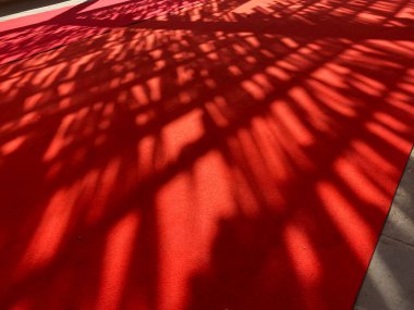 Yukarıdan sarkan canlı, renkli banderita 'nın gölgesi kırmızı halının üzerinde oyuncu, uzun bir şekil oluşturur ve zengin halı dokusuna sanatsal ve canlı bir kontrast ekler..