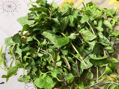 Bir masanın üzerinde taze nane yeşili yapraklar duruyor. Yumuşak, kadifemsi dokuları ışığı yakalıyor..