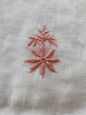 Zarif şeftali ipliği karmaşık çiçek geometrik örgü örer, zarafet ve hassasiyetin uyumlu bir karışımını yaratır..