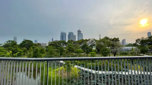 Öğleden sonra şehir parkı manzaralı güneş ışığı, Bangkok 
