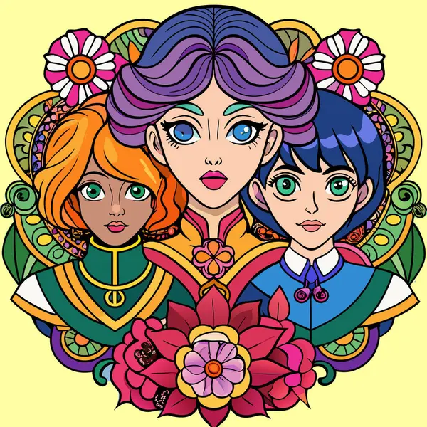 stock vector vector illustration of a beautiful girls in colorful flowers