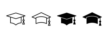 Eğitim ikonu vektörü. Mezuniyet şapkası işareti ve sembol. Mezun olmak. Öğrenci şapkası