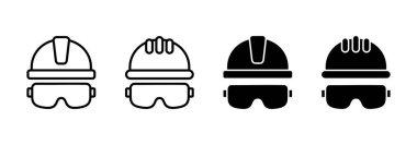 Kask simgesi vektörü. Motosiklet kaskı tabelası ve sembolü. İnşaat miğferi simgesi. Güvenlik kaskı