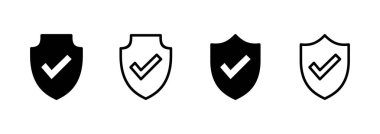 Kalkan kontrol simgesi logo tasarımı. Koruma onayı işareti. Sigorta simgesi