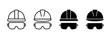 Kask simgesi vektörü. Motosiklet kaskı tabelası ve sembolü. İnşaat miğferi simgesi. Güvenlik kaskı