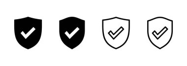 Kalkan kontrol simgesi logo tasarımı. Koruma onayı işareti. Sigorta simgesi