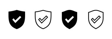 Kalkan kontrol simgesi logo tasarımı. Koruma onayı işareti. Sigorta simgesi