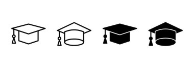 Eğitim ikonu vektörü. Mezuniyet şapkası işareti ve sembol. Mezun olmak. Öğrenci şapkası