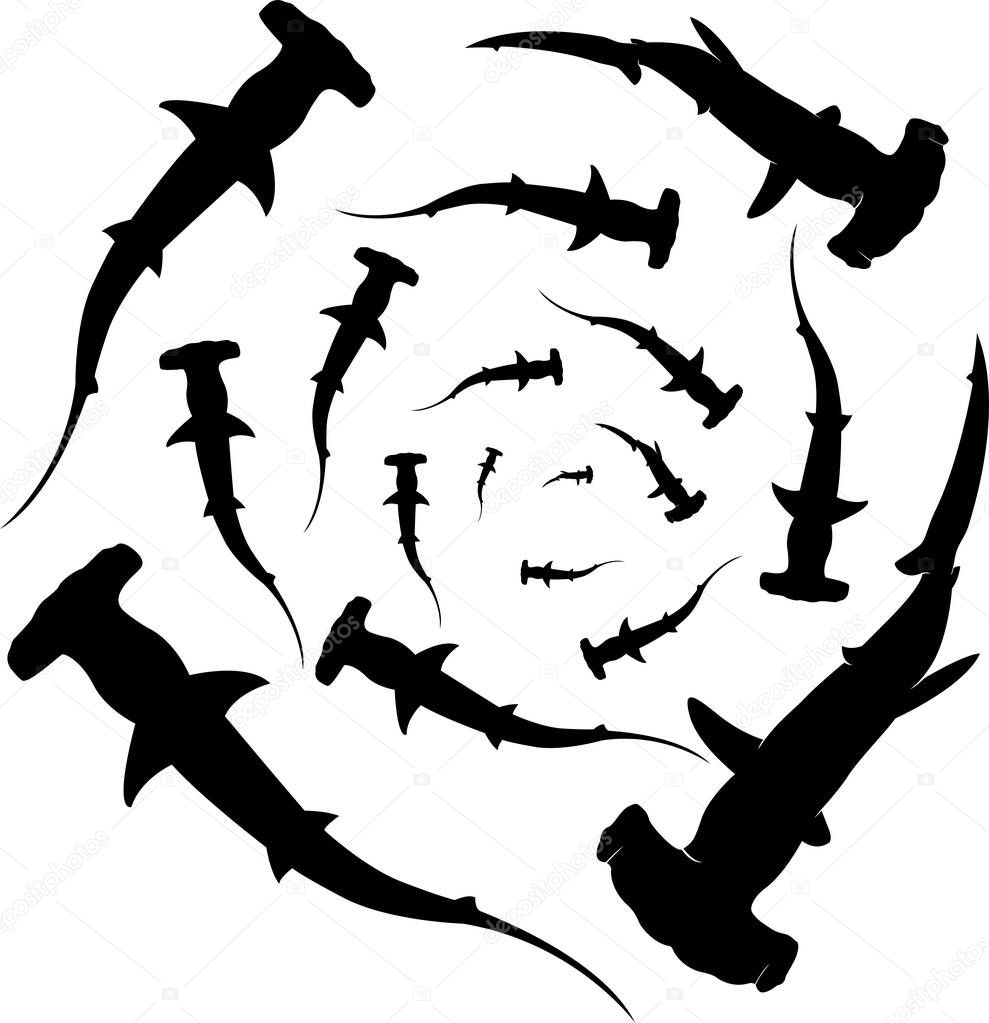 Circle of Hammerhead Sharks, Group of Shark, Shark Silhouette