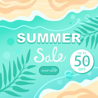 Yaz büyük satış afişi arka plan şablonu. Sahilin üst manzarası, dalgalar ve palmiye yaprakları silueti. Özel teklif,% 50 'ye kadar indirimli.