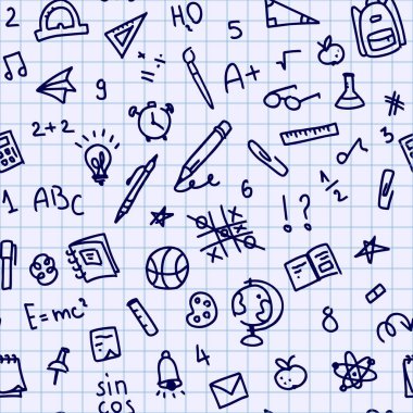 Okul düzenine kusursuz bir el çizilmiş, vektör arkaplan. Okul malzemeleri ve özgeçmişinde izole edilmiş yaratıcı unsurlar, okul defteri. Güzel çizimler, çizgi çıkartmaları..