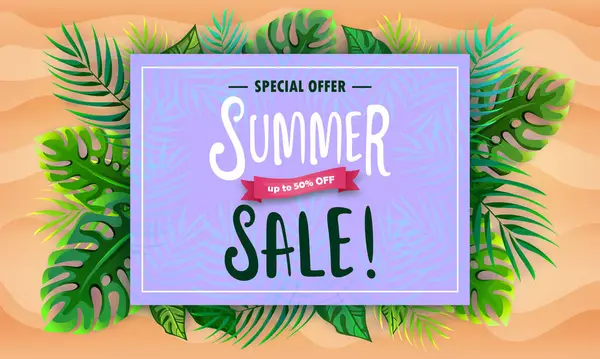 Vektör özel teklif kuponu. Yaz indirimi afiş şablonu. Tropikal yapraklar ve deniz kumu çerçevesinde el çizimi arka plan. İndirim,% 50 'ye kadar.