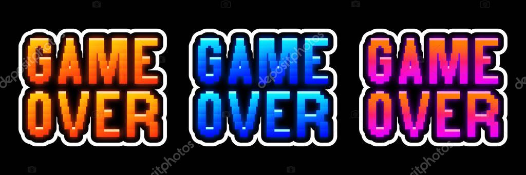 Set of vector game over pixelated signs, yellow, orange, blue, pink gradient, glitch effect, 8 bit retro game style icons, stickers